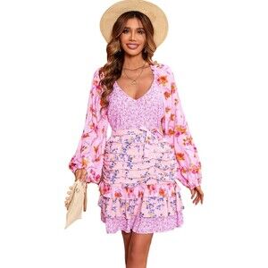 For Love Bell Women Floral M Layered Ruffle Patchwork Mini Dress LS Babydoll NWT